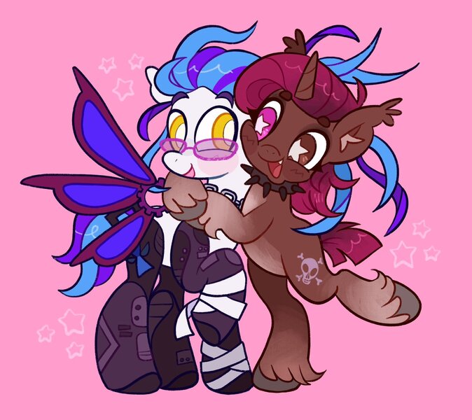 Size: 2048x1822 | Tagged: safe, artist:alexbeeza, derpibooru import, oc, unofficial characters only, pegasus, pony, unicorn, amputee, artificial wings, augmented, bandage, bandaged leg, beanbrows, blushing, coat markings, collar, colored ear fluff, colored eyebrows, colored hooves, colored pinnae, commission, couple, duo, ear fluff, ear tufts, eyebrows, eyebrows visible through hair, eyelashes, fangs, glasses, heterochromia, horn, hug, image, jewelry, jpeg, mullet, necklace, oc x oc, open mouth, open smile, pale belly, pegasus oc, pink background, prosthetic leg, prosthetic limb, prosthetic wing, prosthetics, purple mane, purple tail, raised hoof, robotic legs, shipping, short tail, simple background, smiling, socks (coat marking), spiked collar, spread wings, standing, standing on two hooves, starry eyes, stars, tail, two toned mane, two toned tail, unicorn oc, unshorn fetlocks, wingding eyes, wings, yellow eyes
