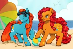 Size: 2700x1800 | Tagged: safe, artist:sparkytopia, derpibooru import, waterfire, earth pony, pony, g3, beach, beach ball, cute, duo, duo female, female, freckles, happy, hoof heart, image, looking at each other, looking at someone, mare, ocean, png, raised hoof, sand, seascape, signature, smiling, sunglasses, sunglasses on head, underhoof, water, wingding eyes