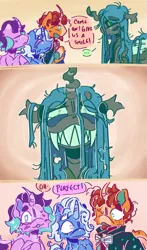 Size: 1075x1834 | Tagged: safe, artist:tottallytoby, derpibooru import, queen chrysalis, starlight glimmer, sunburst, trixie, changeling, changeling queen, pony, unicorn, alternate design, alternate hairstyle, alternate universe, beard, big smile, blue eyes, blue mane, blushing, cloak, clothes, colored eartips, colored hooves, colored horn, colored pinnae, comic, creepy, creepy smile, curly mane, curved horn, cyan mane, dialogue, ear freckles, eye clipping through hair, eyeshadow, facial hair, fangs, female, freckles, g4, glimmerlis, group, horn, image, leonine tail, lesbian, lidded eyes, looking at each other, looking at someone, makeup, male, messy mane, pink eyes, png, raised hoof, red mane, shipping, short mane, smiling, speech bubble, stallion, straight mane, sunburst's cloak, sweat, sweatdrop, tail, talking, text, toothy grin, twitterina design, two toned mane