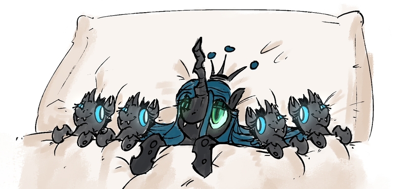 Size: 1464x679 | Tagged: safe, artist:uteuk, derpibooru import, queen chrysalis, changeling, changeling queen, bed, blanket, drone, female, glow, glowing eyes, image, jpeg, mommy chrissy, pillow