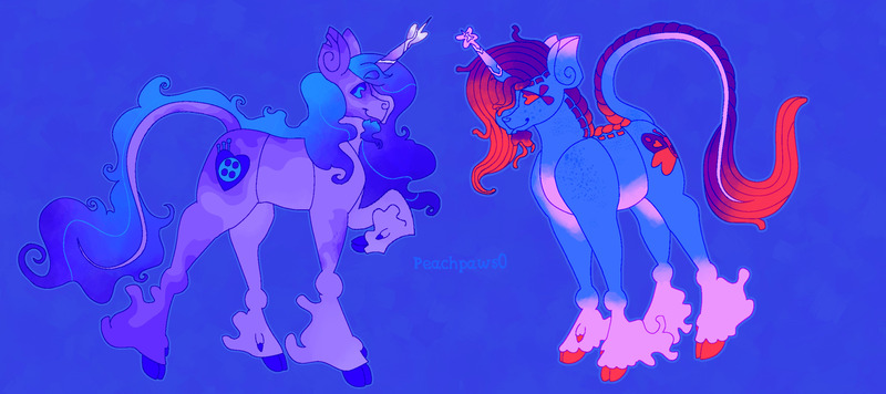 Size: 2048x912 | Tagged: safe, artist:peachpaws0, derpibooru import, izzy moonbow, classical unicorn, unicorn, g5, my little pony: a new generation, alternate design, back fluff, beard, cloven hooves, cornrows, duo, facial hair, freckles, horn, image, jpeg, leonine tail, misty brightdawn, torn ear, twitterina design, unshorn fetlocks