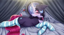 Size: 3300x1800 | Tagged: safe, artist:rafi, derpibooru import, oc, oc:glare cross, unofficial characters only, pony, unicorn, bed, blanket, blushing, choker, clothes, commission, curtains, curved horn, cute, female, hair over one eye, horn, image, jpeg, mare, markings, socks, solo, striped socks, ych result