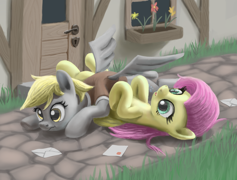 Size: 2000x1524 | Tagged: safe, artist:odooee, derpibooru import, derpy hooves, fluttershy, pegasus, pony, accident, cap, clothes, crash, crash landing, cute, derpabetes, female, flower, g4, hat, i just don't know what went wrong, image, letter, mail, mailmare, mailmare uniform, mare, png, shyabetes