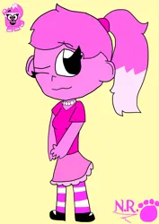 Size: 2564x3623 | Tagged: safe, derpibooru import, equestria girls, animated inanimate battle, cinnamon bun (animated inanimate battle), equestria girls-ified, g4, image, jewelry, jpeg, necklace, object show community, pearl necklace, pink hair, pink skin, ponytail, ragdoll, simple background