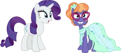Size: 6833x3000 | Tagged: safe, artist:cloudy glow, derpibooru import, frazzle rock, rarity, earth pony, pony, unicorn, clothes, dress, female, g4, glasses, image, png, simple background, smiling, transparent background, vector
