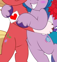 Size: 2210x2397 | Tagged: safe, artist:jhayarr23, derpibooru import, edit, vector edit, izzy moonbow, sprout cloverleaf, earth pony, pony, unicorn, g5, belly, bipedal, blushing, bouquet of flowers, cropped, female, flower, g4, hug, image, izzysprout, male, mare, pictures of bellies, png, shipping, simple background, smiling, stallion, straight, transparent background, vector