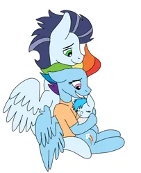 Size: 720x887 | Tagged: safe, artist:dasher666, derpibooru import, rainbow dash, soarin', oc, oc:river, pegasus, pony, the last problem, baby, baby pony, female, filly, foal, image, male, mare, offspring, older, older rainbow dash, older soarin', older soarindash, parent:rainbow dash, parent:soarin', parents:soarindash, png, shipping, soarindash, stallion, straight