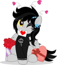 Size: 4393x5000 | Tagged: safe, artist:jhayarr23, derpibooru import, oc, oc:lightning dee, unofficial characters only, pegasus, pony, box of chocolates, bracelet, clothes, commission, dyed mane, female, flower, heart, hoodie, image, mare, mouth hold, one eye closed, partially open wings, png, rose, simple background, sitting, solo, spiked wristband, transparent background, wings, wristband, ych result