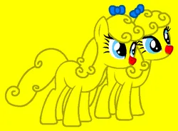 Size: 570x420 | Tagged: safe, artist:firepony-bases, artist:spitfirethepegasusfan39, artist:ukulelemoon, ponerpics import, ponified, earth pony, pony, adult blank flank, base used, blank flank, bow, duo, female, g4, hair bow, image, little miss, little miss twins, mare, mr. men, mr. men little miss, png, red nose, siblings, simple background, sisters, smiling, twins, yellow background