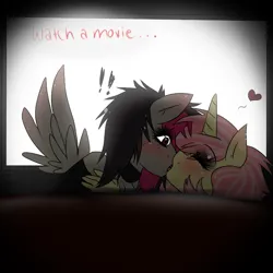 Size: 800x800 | Tagged: artist needed, safe, derpibooru import, oc, unofficial characters only, pegasus, unicorn, cinema, date, female, film, heart, image, kiss on the lips, kissing, lesbian, png, source unknown, theater
