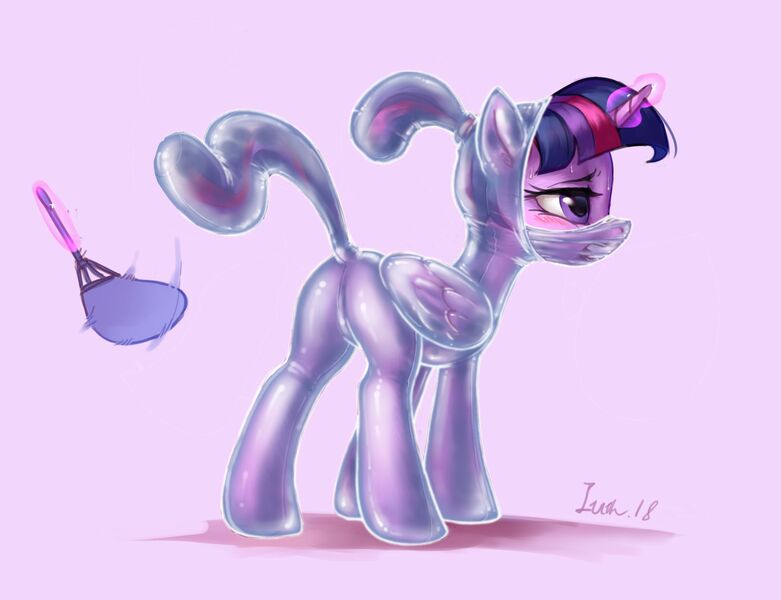 Size: 1856x1425 | Tagged: questionable, artist:iuth, edit, editor:anonymous, part of a set, twilight sparkle, twilight sparkle (alicorn), alicorn, pony, /mlp/ latex requests, alternate hairstyle, bondage, bound wings, breathplay, butt, encasement, fan, female, image, jpeg, latex, latex suit, magic, mare, overheated, plot, seams, simple background, sweat, telekinesis, wings