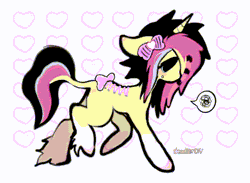 Size: 982x720 | Tagged: safe, artist:deadgirl-tv, derpibooru import, oc, oc:playdate, unofficial characters only, unicorn, animated, blinking, blue eyes, bow, coat markings, colored hooves, emo, facial piercing, floppy ears, gif, hair bow, horn, image, leonine tail, loop, multicolored mane, multicolored tail, patterned background, piercing, profile, scene, scenecore, signature, socks (coat marking), speech bubble, stitches, tail, unicorn oc, unshorn fetlocks, walk cycle, walking, wingding eyes