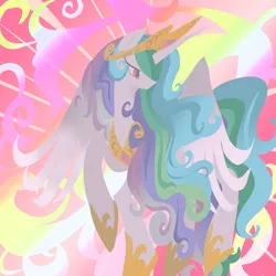 Size: 1280x1280 | Tagged: safe, alternate version, artist:junglicious64, derpibooru import, princess celestia, alicorn, pony, abstract background, crown, eyelashes, female, fire, flying, g4, hoof shoes, hooves in air, horn, image, jewelry, lineless, long horn, mare, multicolored mane, multicolored tail, no mouth, partially open wings, pink eyes, png, regalia, solo, tail, tiara, wings