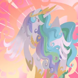 Size: 1280x1280 | Tagged: safe, alternate version, artist:junglicious64, derpibooru import, princess celestia, alicorn, pony, abstract background, crown, eyelashes, female, fire, flying, g4, hoof shoes, hooves in air, horn, image, jewelry, lineless, long horn, mare, multicolored mane, multicolored tail, no mouth, partially open wings, pink eyes, png, regalia, solo, tail, tiara, wings