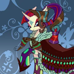 Size: 1280x1280 | Tagged: safe, artist:junglicious64, derpibooru import, rarity, pony, unicorn, alternate design, alternate hair color, alternate hairstyle, blue eyes, clothes, coat markings, dress, eyelashes, facial markings, female, formal wear, g4, hoof shoes, horn, image, lidded eyes, looking at you, mare, multicolored mane, patterned background, png, ponytail, ribbon, robe, smiling, solo, star (coat marking), wavy mane