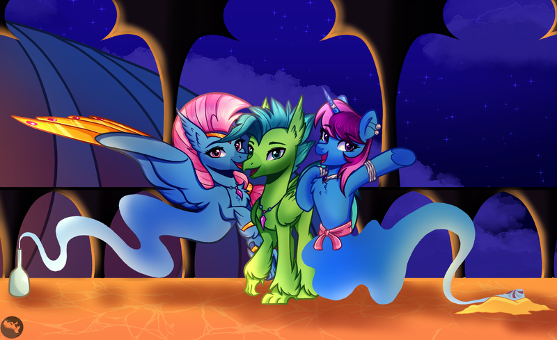 Size: 1800x1100 | Tagged: safe, artist:tresmariasarts, derpibooru import, oc, oc:bottlegriff, oc:parcly taxel, oc:wishgriff, unofficial characters only, alicorn, classical hippogriff, genie, genie pony, hippogriff, pony, ain't never had friends like us, albumin flask, alicorn oc, beak, bottle, bracelet, chest fluff, circlet, collar, commission, ear piercing, earring, female, floating, horn, horn ring, image, jewelry, looking at you, male, mare, night, open beak, open mouth, open smile, piercing, png, ring, sand, smiling, smiling at you, spread wings, starry sky, waistband, wing jewelry, wings
