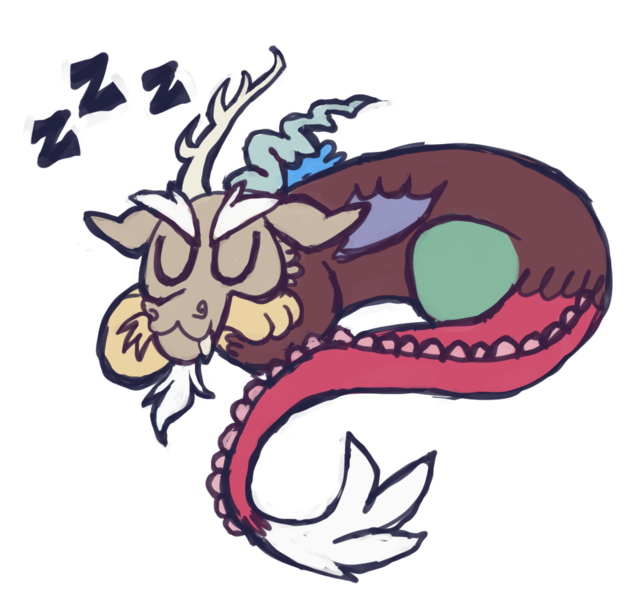 Size: 1070x1012 | Tagged: safe, artist:fluttershyes, derpibooru import, discord, draconequus, :3, colored eyebrows, curled up, dragon tail, eyes closed, fangs, g4, image, male, mismatched horns, mismatched wings, onomatopoeia, png, simple background, sleeping, solo, sound effects, tail, transparent background, wings, zzz