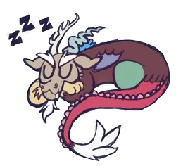 Size: 1070x1012 | Tagged: safe, artist:fluttershyes, derpibooru import, discord, draconequus, :3, colored eyebrows, curled up, dragon tail, eyes closed, fangs, g4, image, male, mismatched horns, mismatched wings, onomatopoeia, png, simple background, sleeping, solo, sound effects, tail, transparent background, wings, zzz