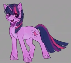 Size: 958x850 | Tagged: safe, artist:kajamnik, derpibooru import, twilight sparkle, pony, unicorn, colored hooves, eye clipping through hair, eyebrows, eyebrows visible through hair, female, g4, gray background, image, jpeg, mare, multicolored mane, multicolored tail, open mouth, open smile, simple background, smiling, standing, straight mane, straight tail, tail, unicorn twilight