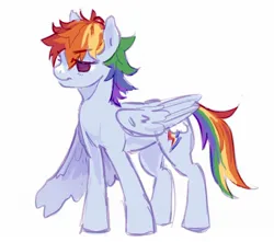 Size: 1818x1610 | Tagged: safe, artist:kajamnik, derpibooru import, rainbow dash, alternate color palette, alternate design, alternate hairstyle, blushing, coat markings, eye clipping through hair, eyebrows, eyebrows visible through hair, facial markings, image, jpeg, lidded eyes, multicolored hair, one wing out, pink eyes, rainbow hair, rainbow tail, simple background, smiling, snip (coat marking), solo, standing, tail, white background, wings