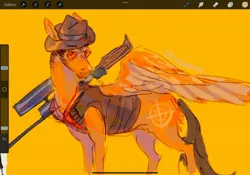 Size: 2048x1431 | Tagged: safe, artist:kajamnik, derpibooru import, ponified, pegasus, pony, brown mane, brown tail, clothes, colored pinnae, colored wings, colored wingtips, frown, gun, hat, image, jpeg, male, procreate app, rifle, short mane, signature, sniper, solo, spread wings, stallion, standing, sunglasses, tail, team fortress 2, two toned wings, vest, weapon, wings