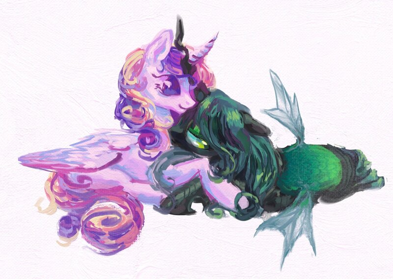 Size: 2019x1433 | Tagged: safe, artist:kajamnik, derpibooru import, princess cadance, queen chrysalis, alicorn, changeling, changeling queen, pony, carapace, colored pinnae, cuddling, curly mane, curly tail, curved horn, digital painting, duo, duo female, female, folded wings, g4, green eyes, green mane, horn, horns are touching, image, infidelity, insect wings, jpeg, lesbian, lidded eyes, looking back, lying down, mare, multicolored mane, multicolored tail, no mouth, prone, purple eyes, shiny mane, ship:cadalis, shipping, simple background, smiling, spread wings, tail, white background, wingding eyes, wings