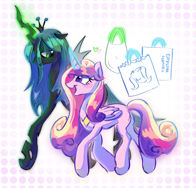 Size: 1280x1227 | Tagged: safe, artist:kajamnik, derpibooru import, princess cadance, queen chrysalis, alicorn, changeling, changeling queen, pony, bag, blushing, crown, duo, duo female, eye clipping through hair, eyelashes, female, folded wings, g4, glow, glowing horn, green eyes, green mane, green tail, heart, horn, image, infidelity, insect wings, jewelry, lesbian, lidded eyes, looking at each other, looking at someone, looking down, magic, mare, multicolored mane, multicolored tail, open mouth, open smile, patterned background, png, purple eyes, regalia, shiny mane, shiny tail, ship:cadalis, shipping, shopping, shopping bag, size difference, smiling, smiling at each other, tail, telekinesis, tiara, walking, wings