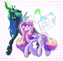Size: 1280x1227 | Tagged: safe, artist:kajamnik, derpibooru import, princess cadance, queen chrysalis, alicorn, changeling, changeling queen, pony, bag, blushing, crown, duo, duo female, eye clipping through hair, eyelashes, female, folded wings, g4, glow, glowing horn, green eyes, green mane, green tail, heart, horn, image, infidelity, insect wings, jewelry, lesbian, lidded eyes, looking at each other, looking at someone, looking down, magic, mare, multicolored mane, multicolored tail, open mouth, open smile, patterned background, png, purple eyes, regalia, shiny mane, shiny tail, ship:cadalis, shipping, shopping, shopping bag, size difference, smiling, smiling at each other, tail, telekinesis, tiara, walking, wings