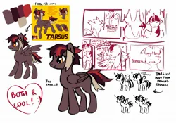 Size: 2048x1431 | Tagged: safe, artist:kajamnik, derpibooru import, oc, oc:tarsus, unofficial characters only, changeling, pony, changeling oc, comic, disguise, disguised changeling, image, jpeg, multicolored mane, multicolored tail, ponysona, red text, reference sheet, simple background, sketch, sketch dump, tail, text, white background