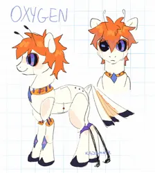 Size: 1390x1550 | Tagged: safe, artist:kajamnik, derpibooru import, oc, oc:oxygen, unofficial characters only, pony, robot, robot pony, front view, frown, grid, image, jpeg, multicolored eyes, orange mane, ponysona, profile, reference sheet, short mane, signature, simple background, smiling, white background, wingding eyes