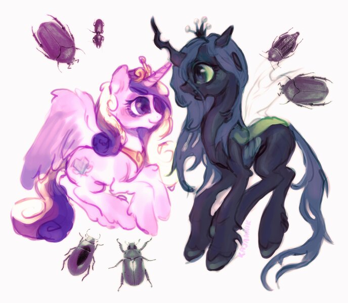 Size: 2048x1787 | Tagged: safe, artist:kajamnik, derpibooru import, princess cadance, queen chrysalis, alicorn, changeling, changeling queen, insect, pony, g4, blushing, cadalis, carapace, colored hooves, crown, curly mane, curly tail, digital painting, duo, duo female, eyeshadow, fangs, female, green mane, green tail, hooves in air, image, infidelity, insect wings, jewelry, jpeg, leg fluff, lesbian, long legs, long mane, long tail, looking at each other, looking at someone, makeup, mare, multicolored mane, multicolored tail, open mouth, open smile, profile, purple eyes, realistic, regalia, shipping, simple background, size difference, smiling, smiling at each other, spread wings, tail, tiara, unshorn fetlocks, white background, wingding eyes, wings