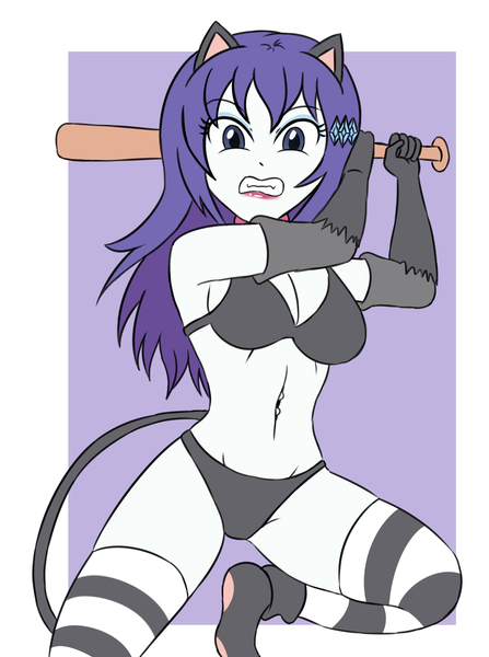Size: 1750x2350 | Tagged: suggestive, artist:sumin6301, derpibooru import, rarity, cat, human, equestria girls, alternate hairstyle, baseball bat, belly button, breasts, busty rarity, cat ears, cat tail, catgirl, female, g4, gritted teeth, image, jpeg, loose hair, passepartout, raricat, solo, tail, teeth