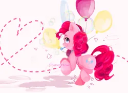 Size: 1280x927 | Tagged: safe, artist:niikorroni, derpibooru import, pinkie pie, earth pony, pony, balloon, blue eyes, bubble, colored pinnae, curly mane, curly tail, female, g4, heart, image, looking back, mare, noisemaker, party horn, pink mane, pink tail, png, shadow, simple background, smiling, sparkly mane, sparkly tail, standing on two hooves, starry eyes, tail, watermark, white background, wingding eyes