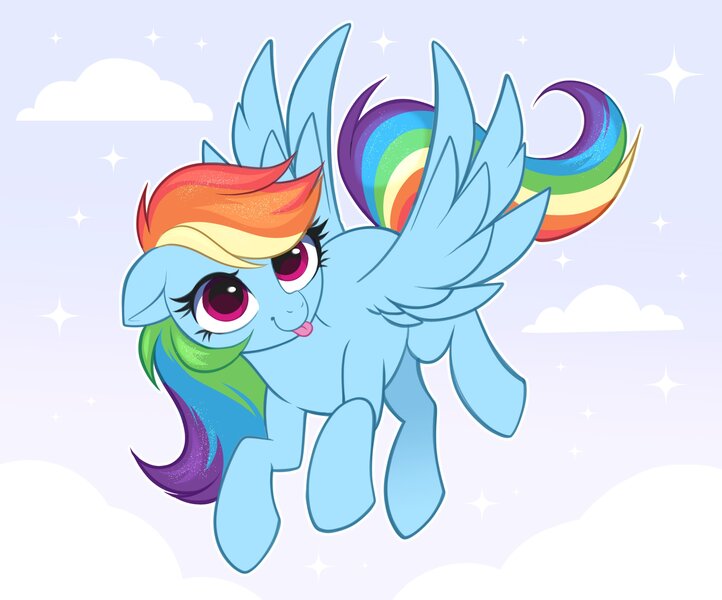 Size: 3110x2585 | Tagged: safe, artist:confetticakez, derpibooru import, rainbow dash, pegasus, pony, :p, cloud, female, flying, g4, high res, image, jpeg, mare, sky, solo, sparkly mane, sparkly tail, spread wings, stars, tail, tongue out, wings