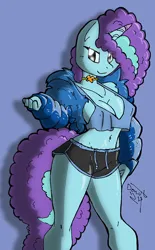 Size: 622x1001 | Tagged: suggestive, artist:theburningdonut, derpibooru import, anthro, unicorn, g5, my little pony: a new generation, my little pony: tell your tale, belly button, blue coat, breasts, busty misty brightdawn, choker, cleavage, clothes, curly hair, curly tail, female, green eyes, hips, horn, image, jacket, jpeg, looking at you, midriff, misty brightdawn, shorts, simple background, smiling, smiling at you, solo, tail, tanktop, thighs, two toned hair, two toned tail, unicorn horn