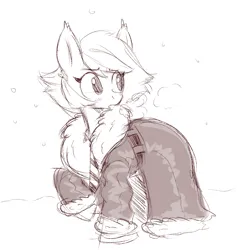 Size: 1804x1906 | Tagged: safe, artist:aer0 zer0, derpibooru import, oc, oc:news flash, bat pony, pony, clothes, coat, cold, female, image, mare, necktie, png, sketch, snow, solo, winter outfit
