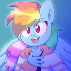 Size: 987x987 | Tagged: safe, artist:dashienuggets, artist:staritalz, derpibooru import, anthro, pegasus, pony, bust, chromatic aberration, clothes, eyebrows, eyebrows visible through hair, female, g4, gradient background, hand on chest, image, jpeg, mare, open mouth, profile picture, solo, wings