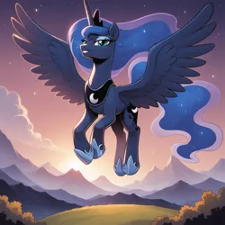 Size: 2048x2048 | Tagged: safe, ai content, derpibooru import, generator:autismmixpony, machine learning generated, stable diffusion, princess luna, alicorn, pony, cloud, crown, ethereal mane, female, g4, grass, grin, high res, hill, hoof shoes, image, jewelry, lidded eyes, mare, mountain, mountain range, outdoors, peytral, png, princess shoes, prompter:tyto4tme4l, regalia, scenery, sky, smiling, solo, spread wings, starry mane, starry tail, stars, tail, wing fluff, wings
