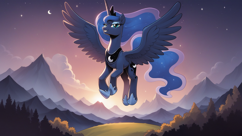 Size: 1920x1080 | Tagged: safe, ai content, derpibooru import, generator:autismmixpony, machine learning generated, stable diffusion, princess luna, alicorn, pony, cloud, crown, ethereal mane, female, g4, grass, grin, hill, hoof shoes, image, jewelry, lidded eyes, mare, moon, mountain, mountain range, outdoors, peytral, png, princess shoes, prompter:tyto4tme4l, regalia, scenery, sky, smiling, solo, spread wings, starry mane, starry tail, stars, tail, wallpaper, wing fluff, wings