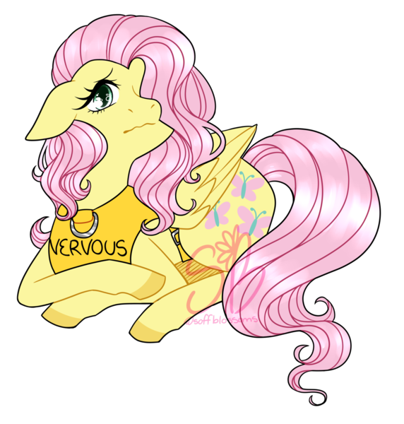 Size: 1280x1343 | Tagged: safe, artist:soffblossoms, derpibooru import, fluttershy, pegasus, pony, bow, clothes, cute, daaaaaaaaaaaw, female, floppy ears, frown, g4, hair bow, image, looking at you, lying down, mare, nervous, png, pony pet, prone, shyabetes, signature, simple background, solo, transparent background, vest, wavy mouth