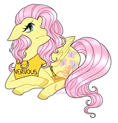 Size: 1280x1343 | Tagged: safe, artist:soffblossoms, derpibooru import, fluttershy, pegasus, pony, bow, clothes, cute, daaaaaaaaaaaw, female, floppy ears, frown, g4, hair bow, image, looking at you, lying down, mare, nervous, png, pony pet, prone, shyabetes, signature, simple background, solo, transparent background, vest, wavy mouth