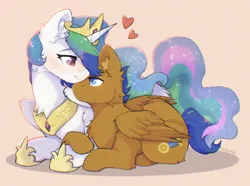 Size: 1690x1255 | Tagged: safe, artist:twinkesss, derpibooru import, princess celestia, oc, oc:crushingvictory, alicorn, pegasus, pony, blushing, canon x oc, chest fluff, cream background, crown, cuddling, duo, duo male and female, ear fluff, eye contact, eyebrows, eyebrows visible through hair, female, floating heart, folded wings, heart, hoof shoes, image, jewelry, looking at each other, looking at someone, lying down, male, mare, neck fluff, pegasus oc, peytral, png, prone, regalia, shadow, shipping, signature, simple background, smiling, smiling at each other, stallion, straight, wings