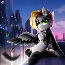 Size: 3000x3000 | Tagged: safe, artist:rainbowfire, derpibooru import, oc, oc:tlen borowski, unofficial characters only, pegasus, pony, belly button, choker, city, cityscape, clothes, cute, cyberpunk, female, green eyes, image, jacket, jewelry, looking at you, mare, png, ring, rooftop, sky, solo, sunset, wings