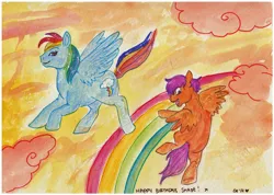 Size: 1751x1248 | Tagged: safe, artist:twinklestahh, derpibooru import, rainbow dash, scootaloo, pegasus, pony, duo, female, filly, flying, flying lesson, foal, image, jpeg, mare, open mouth, open smile, rainbow, smiling, traditional art, watercolor painting