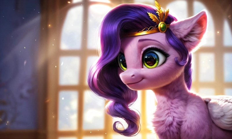 Size: 5120x3072 | Tagged: safe, ai content, derpibooru import, machine learning generated, prompter:kluknawa235, stable diffusion, pipp petals, pegasus, g5, chest fluff, crown, ear fluff, fluffy, generator:pony diffusion v6 xl, generator:purplesmart.ai, image, jewelry, jpeg, regalia