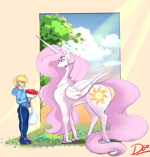 Size: 1200x1252 | Tagged: safe, artist:thelunarmoon, derpibooru import, princess celestia, alicorn, human, pony, beige background, bouquet, clothes, female, flower, height difference, hoodie, human male, image, jpeg, looking at each other, looking at someone, male, mare, pink-mane celestia, rose, signature, simple background, sunlight