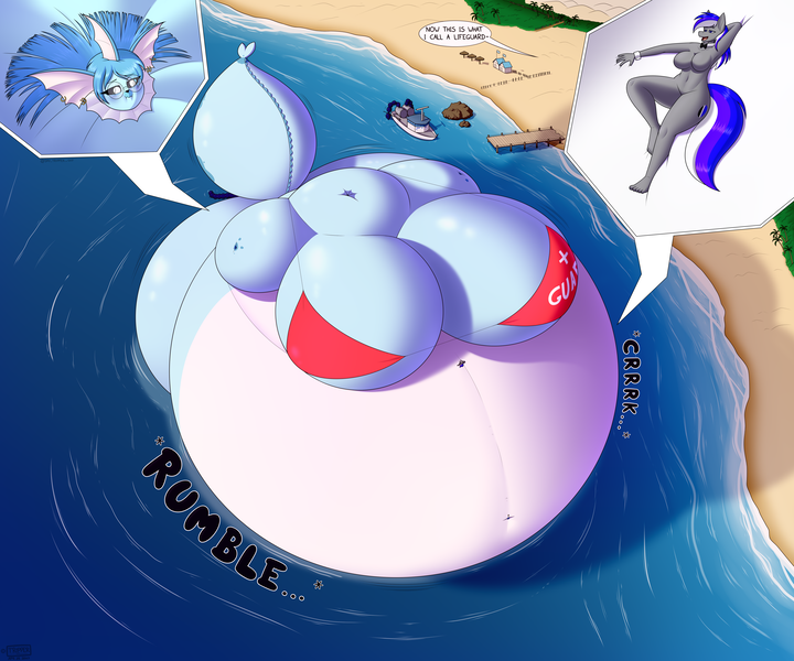 Size: 7200x6000 | Tagged: questionable, artist:day-tripper-guy, derpibooru import, oc, oc:retrothegempony, anthro, pony, vaporeon, anal insertion, balloon, beach, belly, big belly, big breasts, blimp, both cutie marks, breasts, dialogue, hose bulges, huge, huge belly, huge breasts, hyper, image, impossibly large belly, impossibly large breasts, inflation, insertion, massive, onomatopoeia, png, pokémon, spherical inflation, water, water inflation