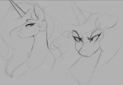 Size: 1122x772 | Tagged: safe, artist:thelunarmoon, derpibooru import, princess celestia, princess luna, alicorn, pony, angry, bust, duo, duo female, female, floppy ears, freckles, frown, gray background, grayscale, image, lidded eyes, mare, monochrome, narrowed eyes, png, royal sisters, scowl, siblings, simple background, sisters, sketch