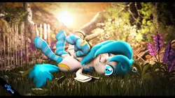 Size: 3840x2160 | Tagged: safe, artist:moonshine, artist:nyxie, artist:xenia-amata, derpibooru import, oc, oc:nyxie, oc:xenia amata, bat pony, 3d, banana, bat pony oc, bat wings, clothes, cuddly, cute, cute little fangs, eating, fangs, feral, flower, fluffy, food, gloves, high res, image, nature, one eye closed, png, relaxing, socks, source filmmaker, thigh highs, wings, wink