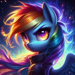 Size: 1024x1024 | Tagged: safe, ai content, derpibooru import, machine learning generated, rainbow dash, badass, clothes, fire, generator:dall-e 3, image, jacket, jpeg, leather, leather jacket, looking at you, solo